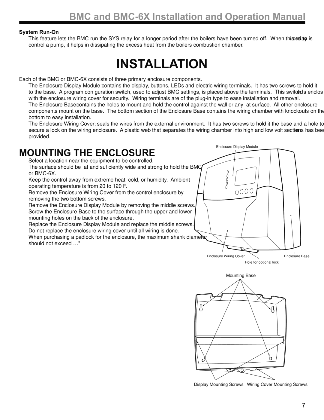 Weil-McLain BMC-6X operation manual Installation, Mounting the Enclosure 