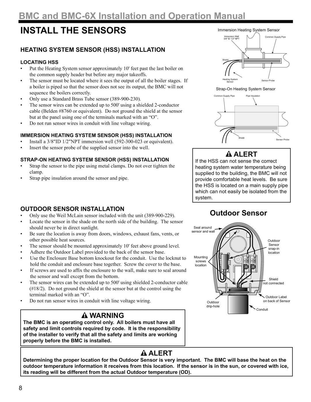 Weil-McLain BMC-6X Install the Sensors, Heating System Sensor HSS Installation, Outdoor Sensor Installation 