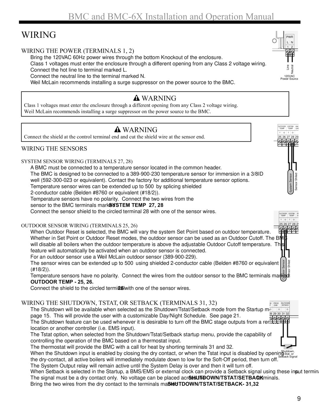 Weil-McLain BMC-6X operation manual Wiring the Power Terminals 1, Wiring the Sensors 