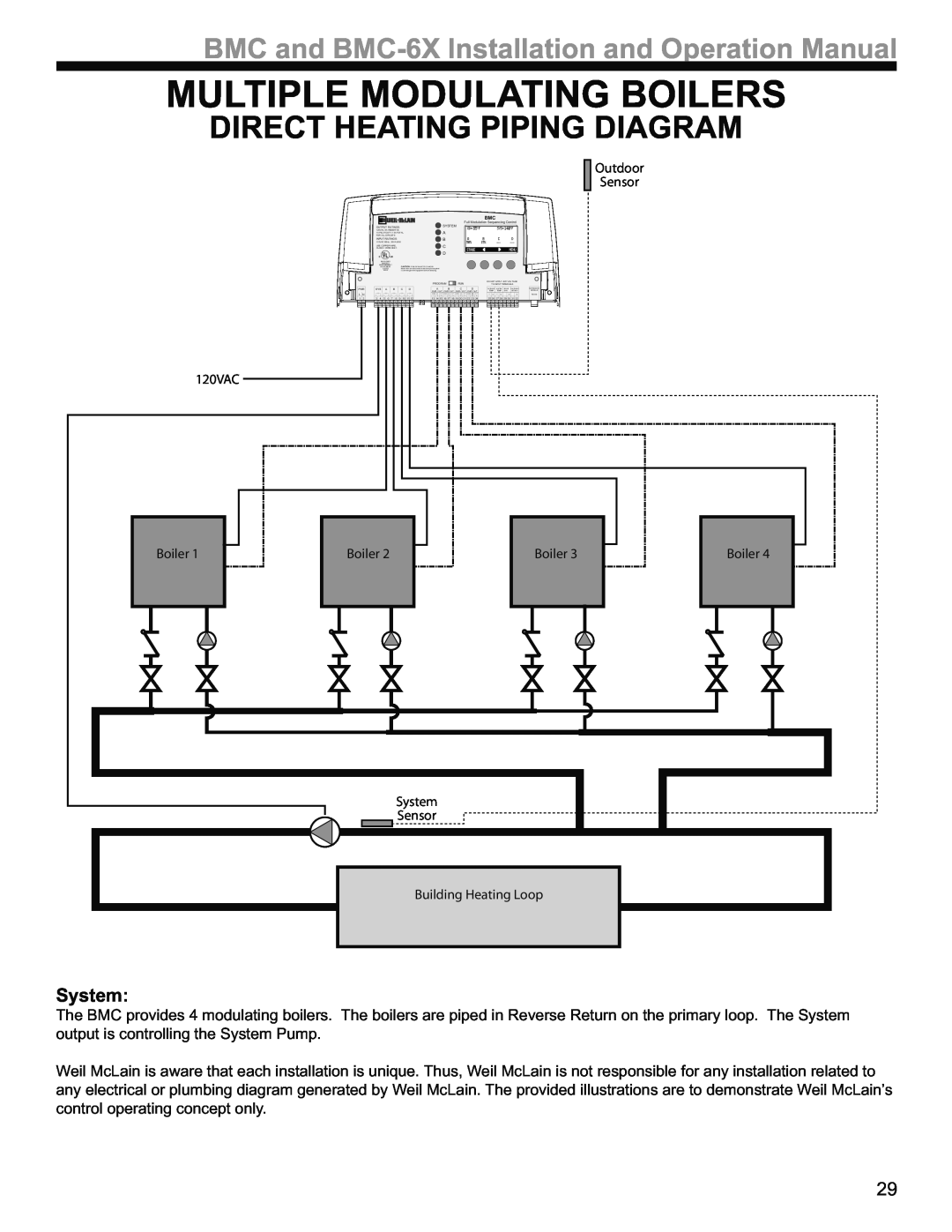 Weil-McLain BMC-6X operation manual Multiple Modulating Boilers, Direct Heating Piping Diagram, System 