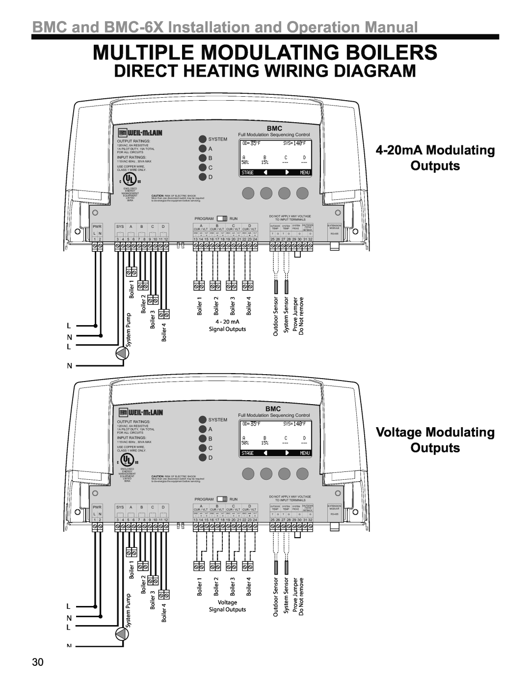 Weil-McLain BMC-6X operation manual Direct Heating Wiring Diagram, 4-20mAModulating Outputs, Voltage Modulating Outputs 