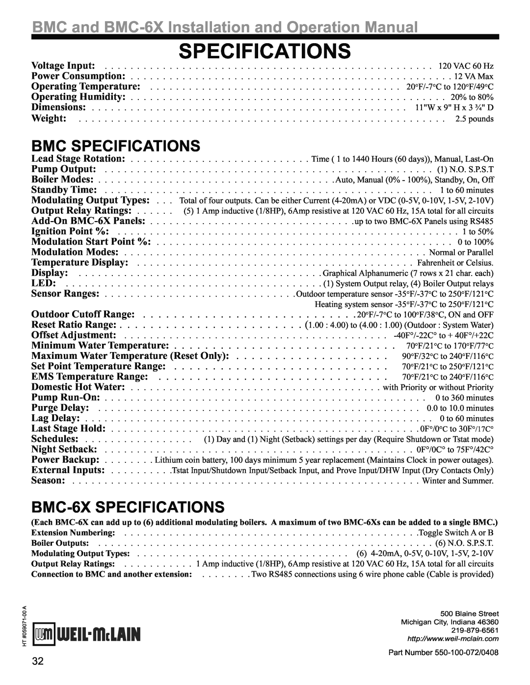 Weil-McLain operation manual Bmc Specifications, BMC-6XSPECIFICATIONS, Outdoor Cutoff Range, Reset Ratio Range, 1.00 