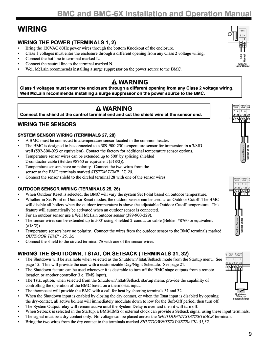 Weil-McLain BMC-6X operation manual Wiring The Power Terminals, Wiring The Sensors, System Sensor Wiring Terminals 