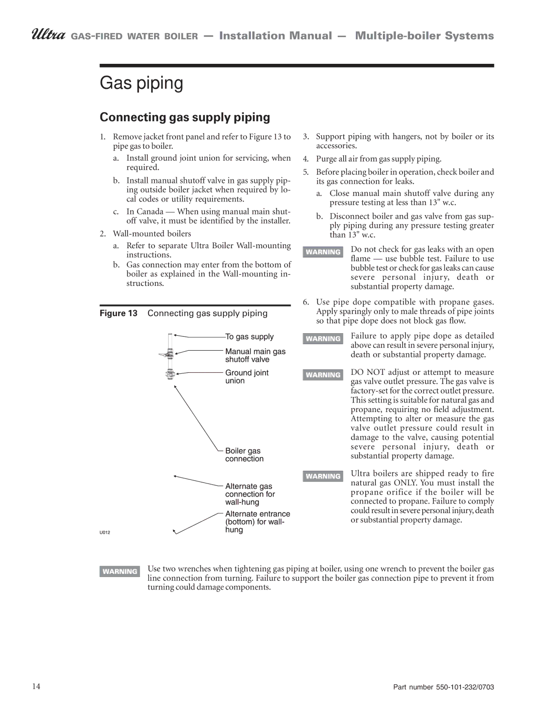 Weil-McLain Boiler installation manual Gas piping, Connecting gas supply piping 