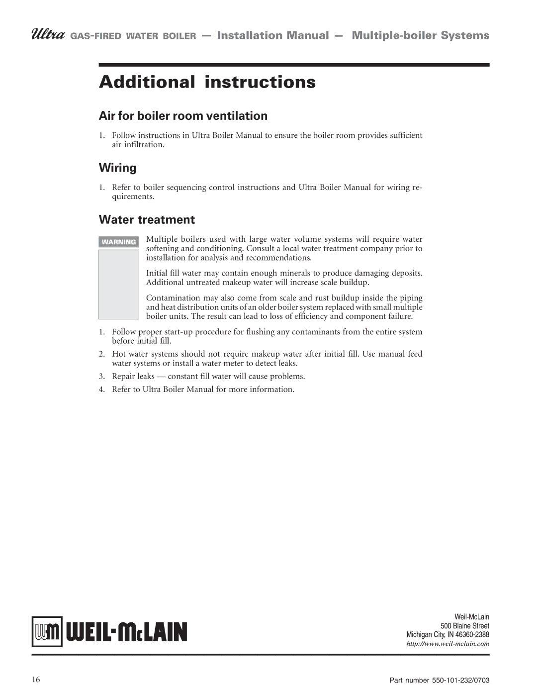 Weil-McLain Boiler installation manual Additional instructions, Air for boiler room ventilation, Wiring, Water treatment 