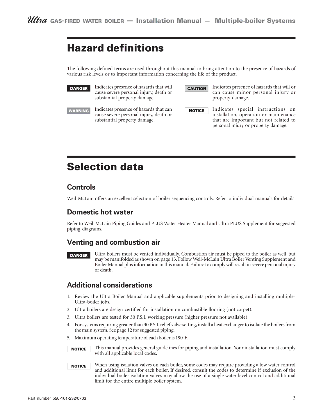 Weil-McLain Boiler installation manual Hazard definitions, Selection data 