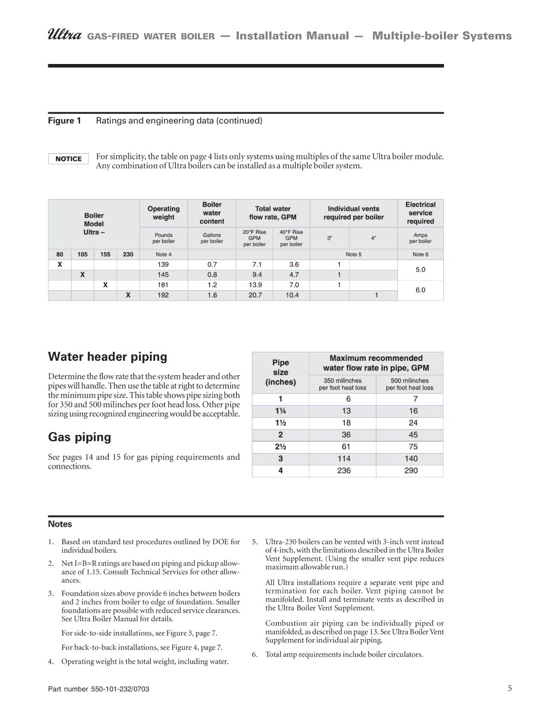 Weil-McLain Boiler installation manual Water header piping, Ratings and engineering data 