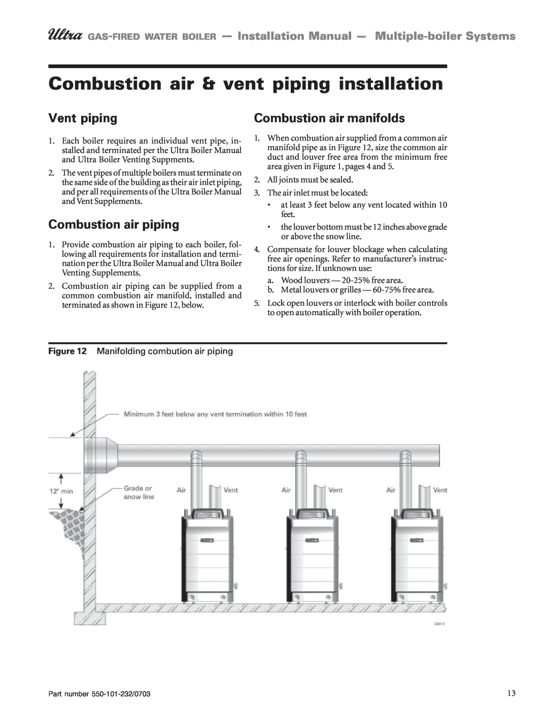 Weil-McLain Boiler Combustion air & vent piping installation, Vent piping, Combustion air manifolds, Combustion air piping 