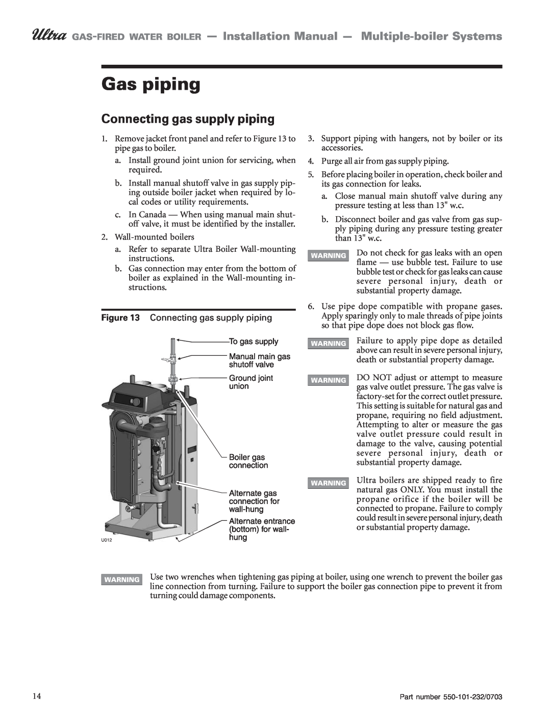 Weil-McLain Boiler installation manual Gas piping, Connecting gas supply piping 