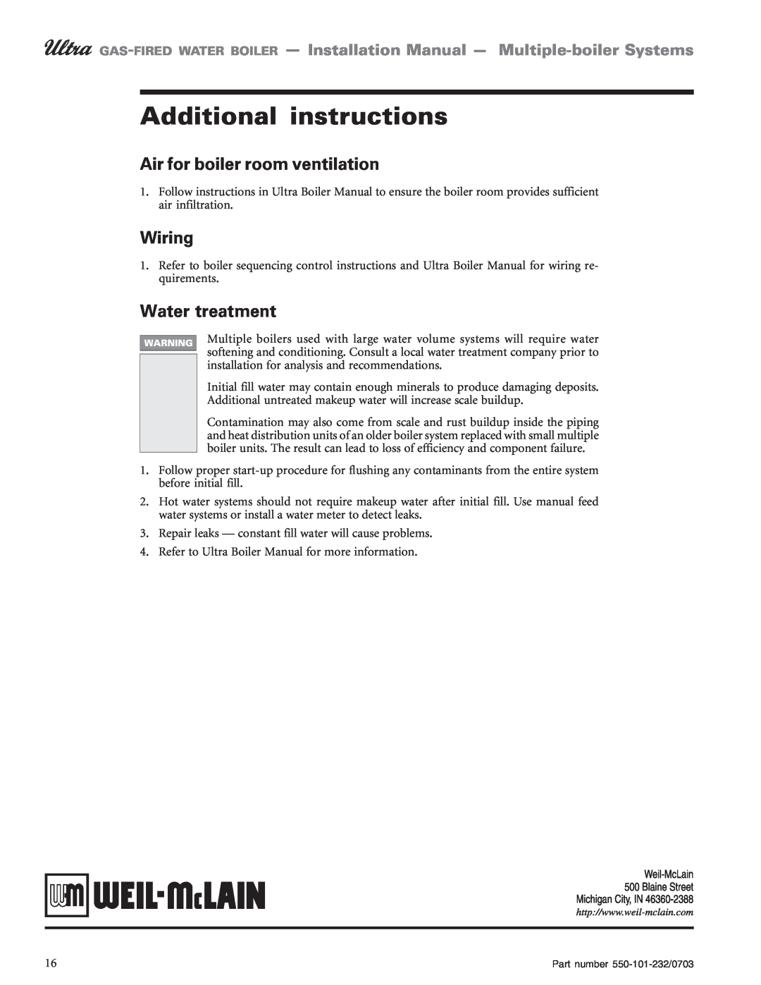 Weil-McLain Boiler installation manual Additional instructions, Air for boiler room ventilation, Wiring, Water treatment 