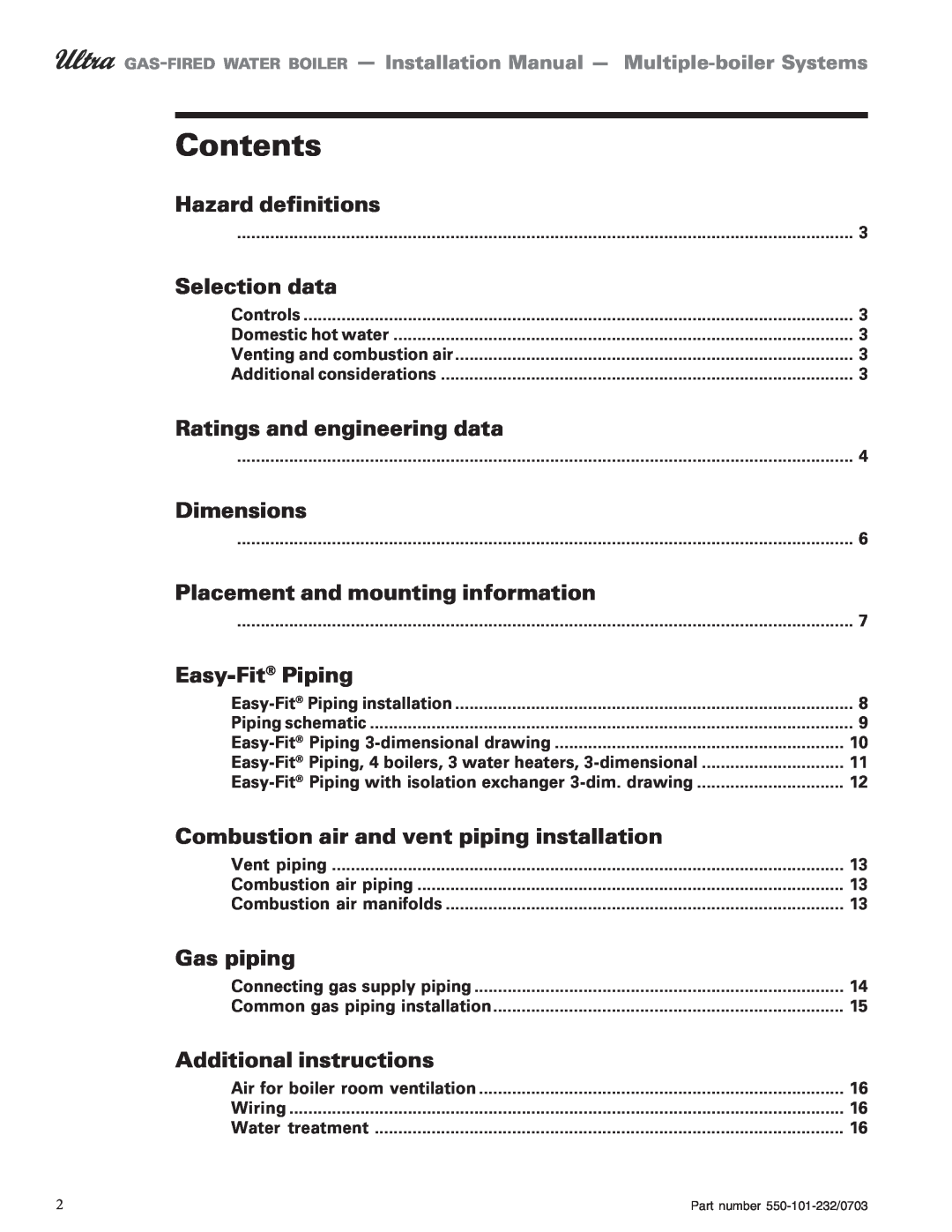 Weil-McLain Boiler Contents, Hazard definitions, Selection data, Ratings and engineering data, Dimensions, Easy-Fit Piping 