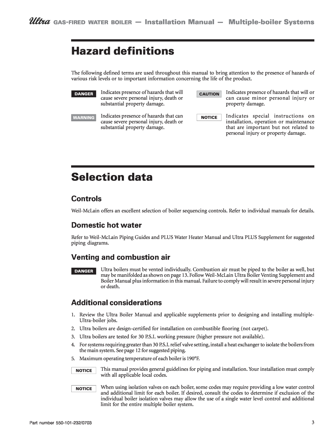 Weil-McLain Boiler Hazard definitions, Selection data, Controls, Domestic hot water, Venting and combustion air 