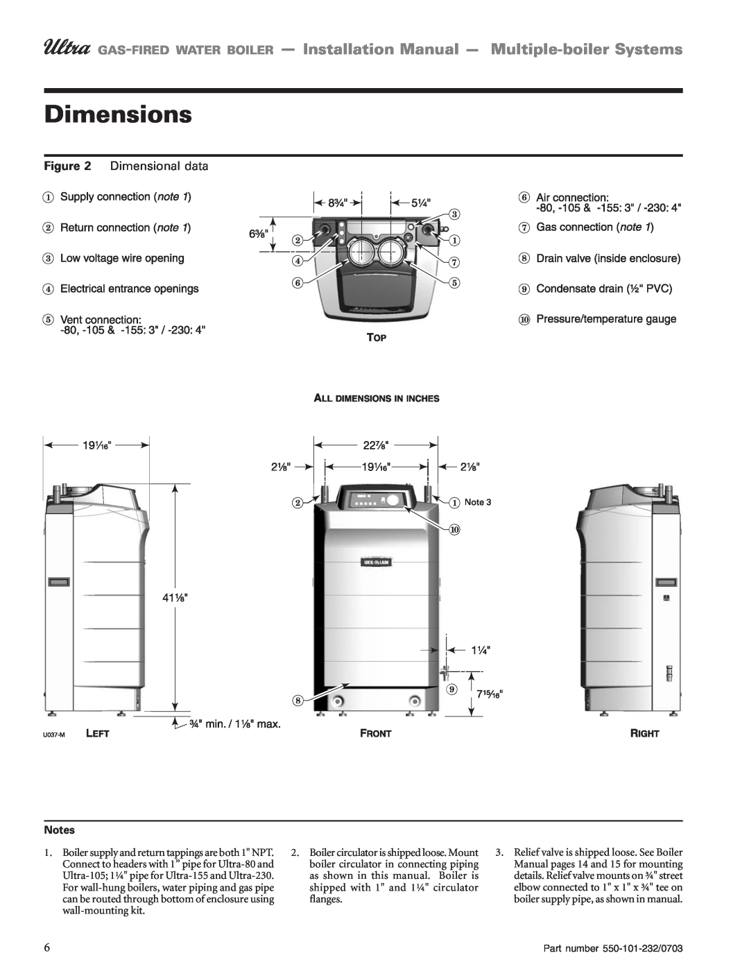 Weil-McLain Boiler installation manual Dimensions, Dimensional data 