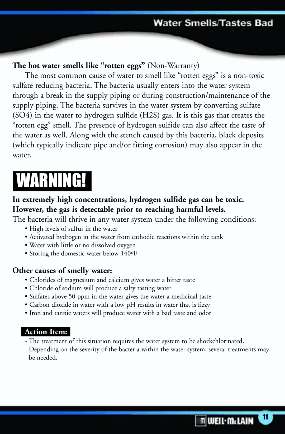 Weil-McLain C-1013 manual Hot water smells like rotten eggs Non-Warranty, Other causes of smelly water 