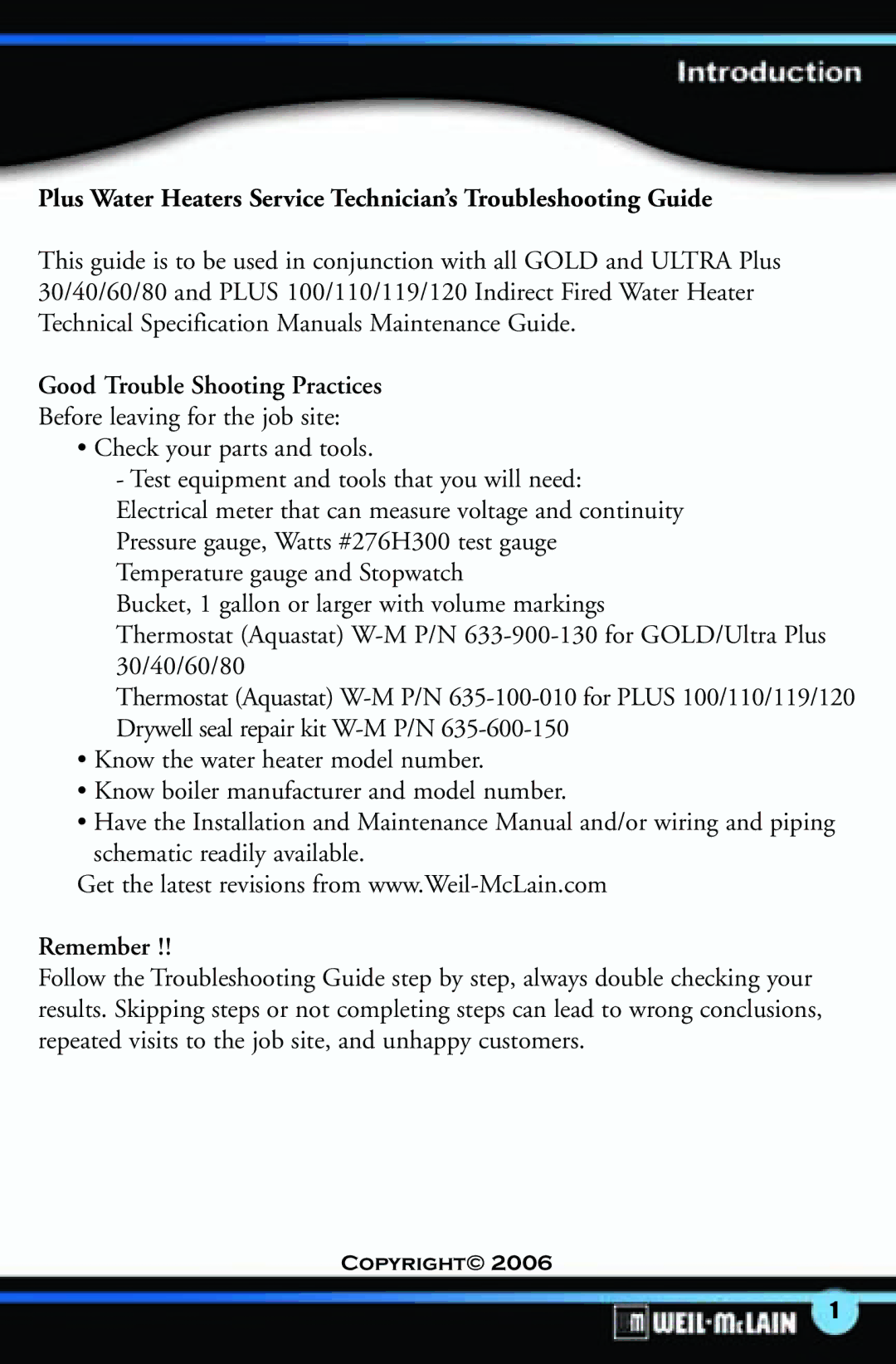 Weil-McLain C-1013 manual Good Trouble Shooting Practices, Remember 