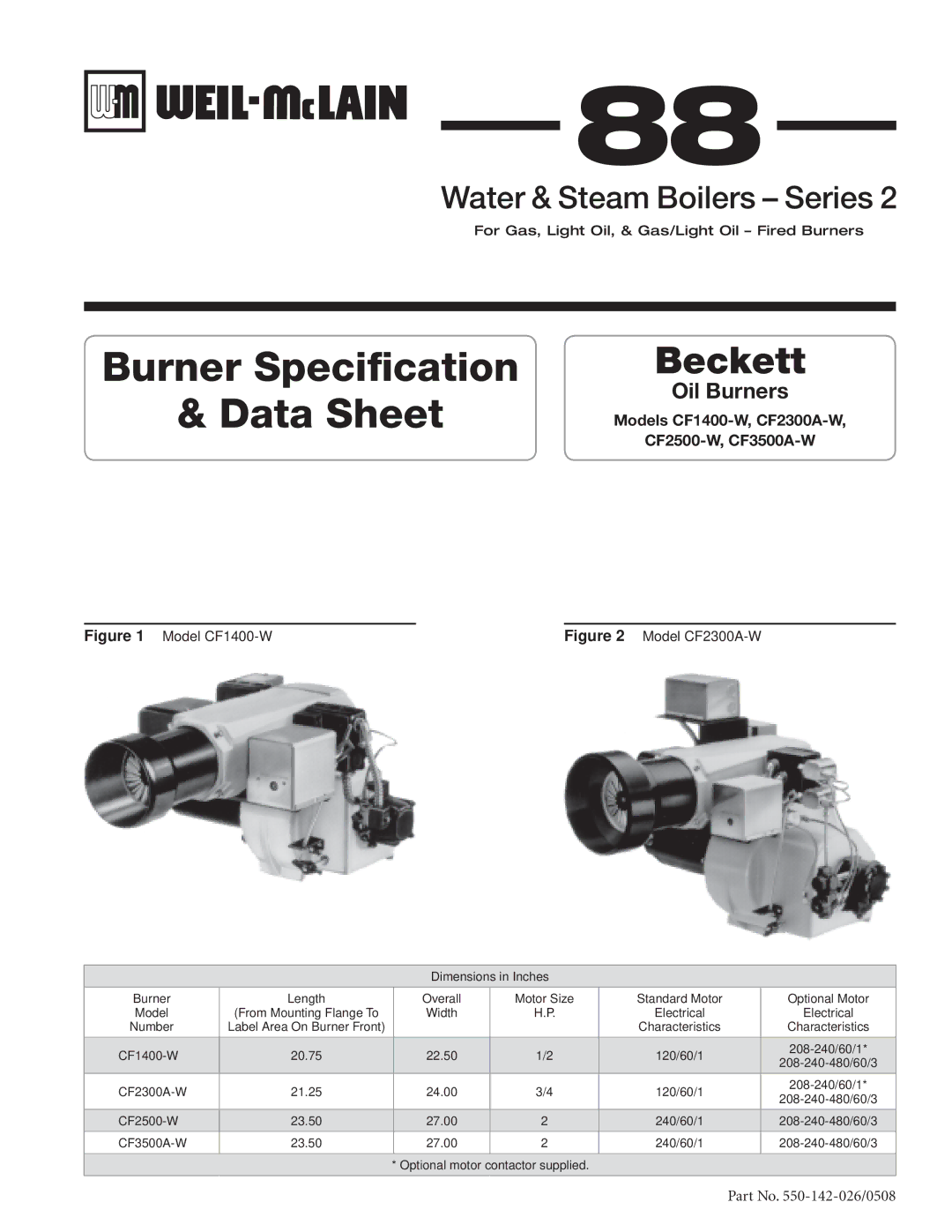 Weil-McLain CF2500-W, CF1400-W, CF2300A-W, CF3500A-W dimensions Burner Specification Data Sheet 