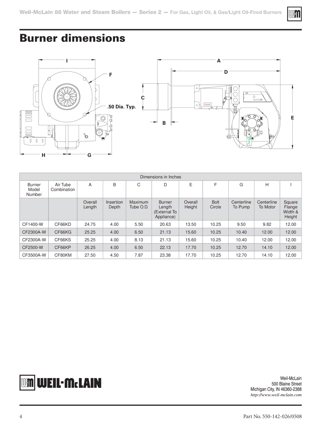 Weil-McLain CF1400-W, CF2500-W, CF2300A-W, CF3500A-W Burner dimensions, CF66KS 