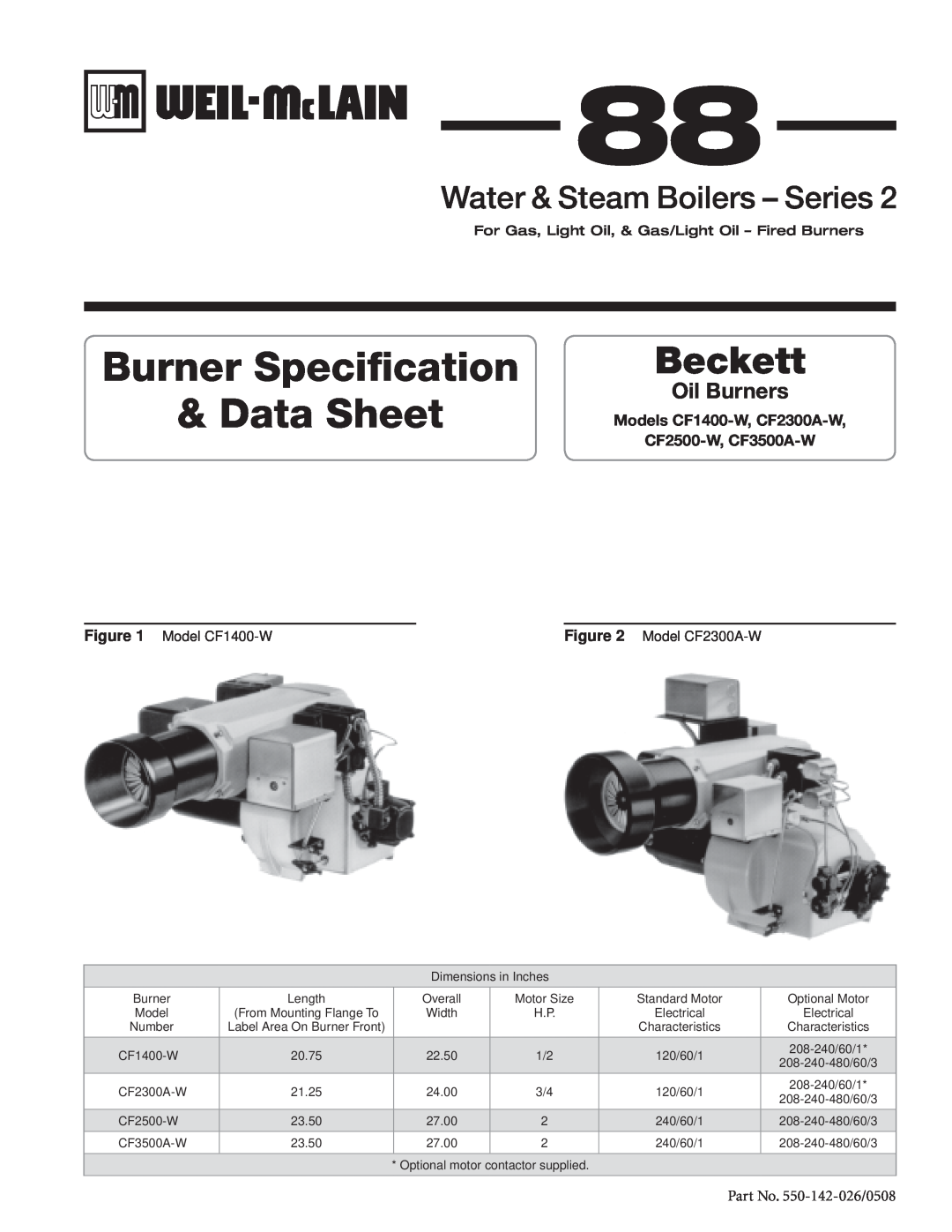 Weil-McLain CF2500-W dimensions Burner Specification & Data Sheet, Beckett, Water & Steam Boilers - Series, Oil Burners 