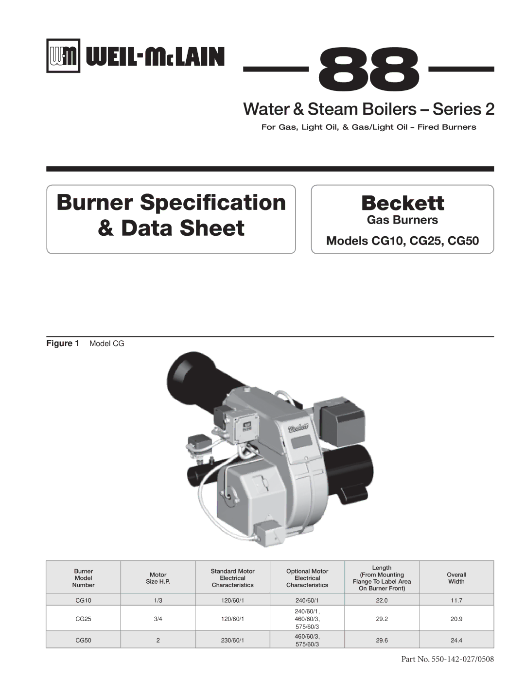 Weil-McLain CG50, CG25, CG10 manual Burner Specification Data Sheet 