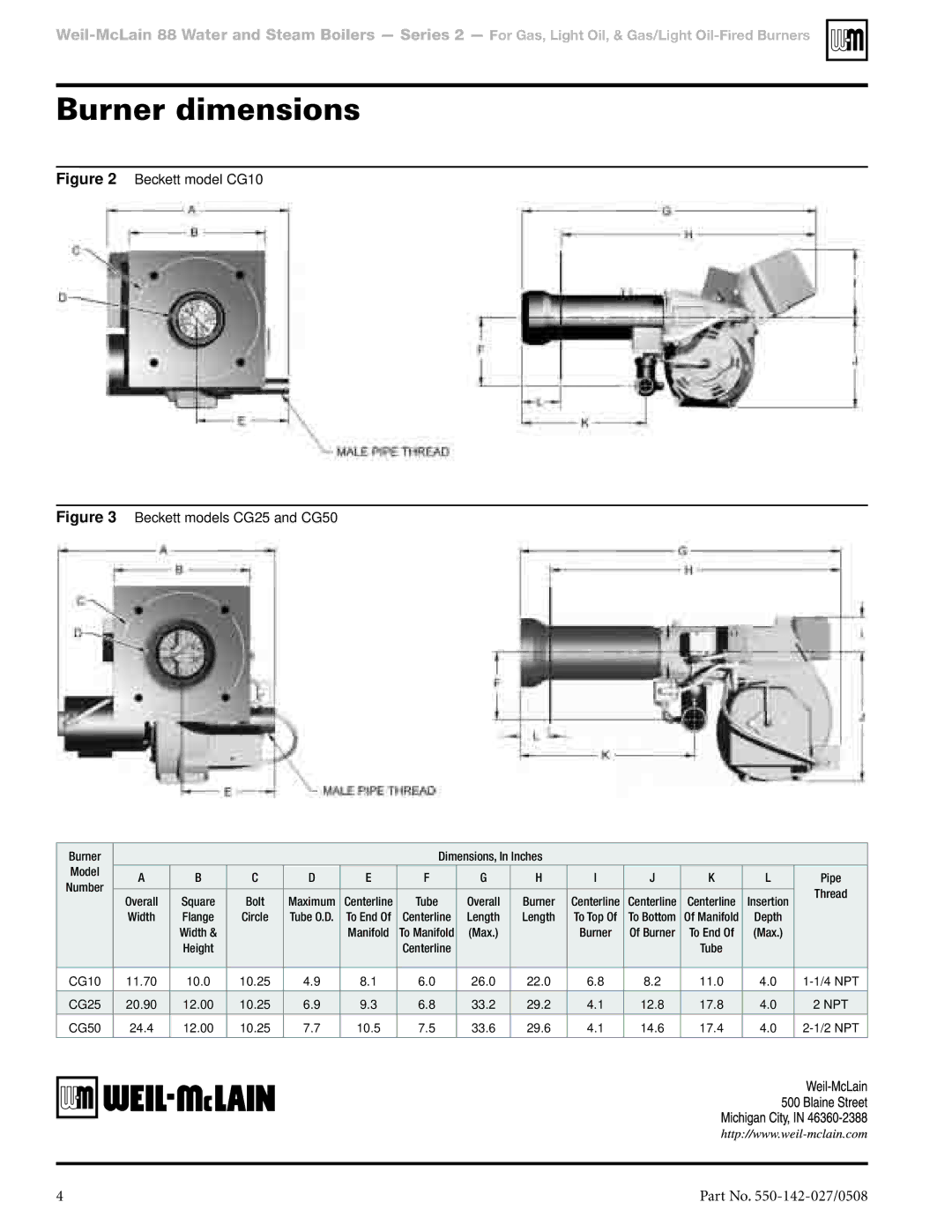 Weil-McLain CG50, CG25 manual Burner dimensions, Beckett model CG10 