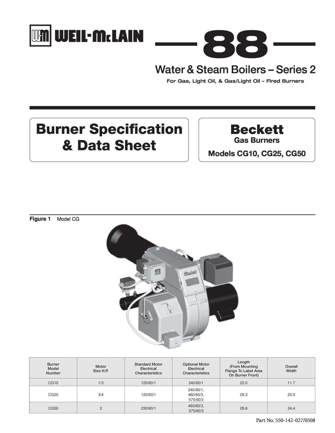 Weil-McLain CG50, CG25, CG10 manual Model CG, Burner Specification & Data Sheet, Beckett, Water & Steam Boilers - Series 