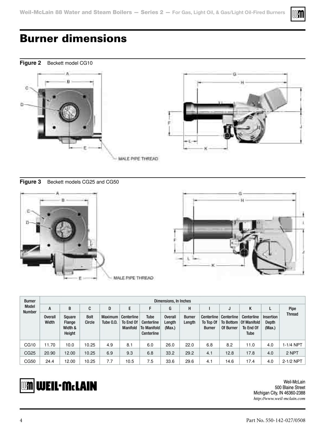 Weil-McLain manual Burner dimensions, Part No. 550-142-027/0508, Beckett model CG10, Beckett models CG25 and CG50 