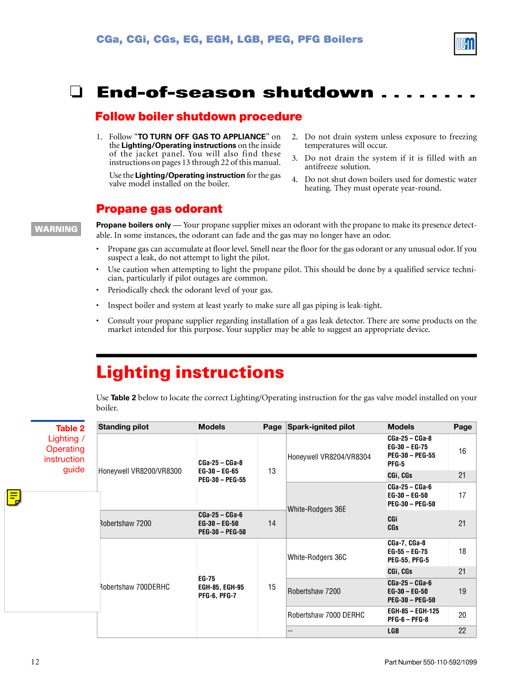 Weil-McLain CGa manual Lighting instructions, End-of-season shutdown, Follow boiler shutdown procedure, Propane gas odorant 