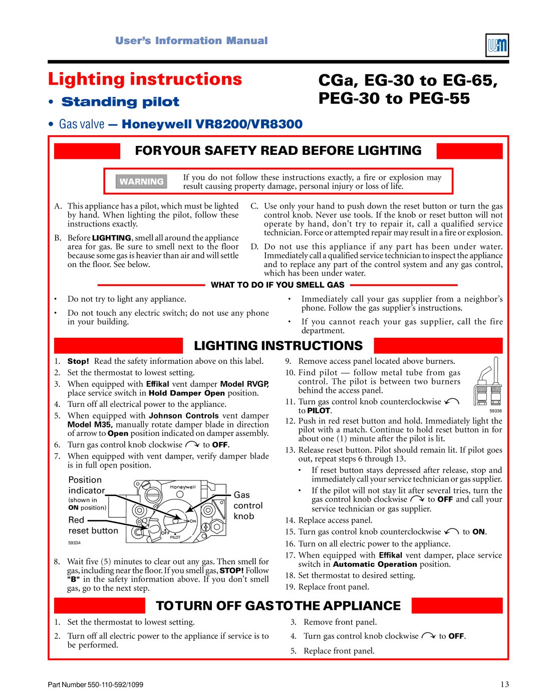 Weil-McLain manual CGa, EG-30 to EG-65, PEG-30 to PEG-55, Foryour Safety Read Before Lighting, Lighting Instructions 