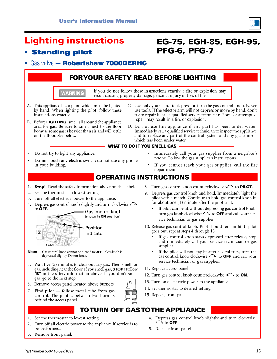 Weil-McLain CGa manual EG-75, EGH-85, EGH-95, PFG-6, PFG-7, Operating Instructions 