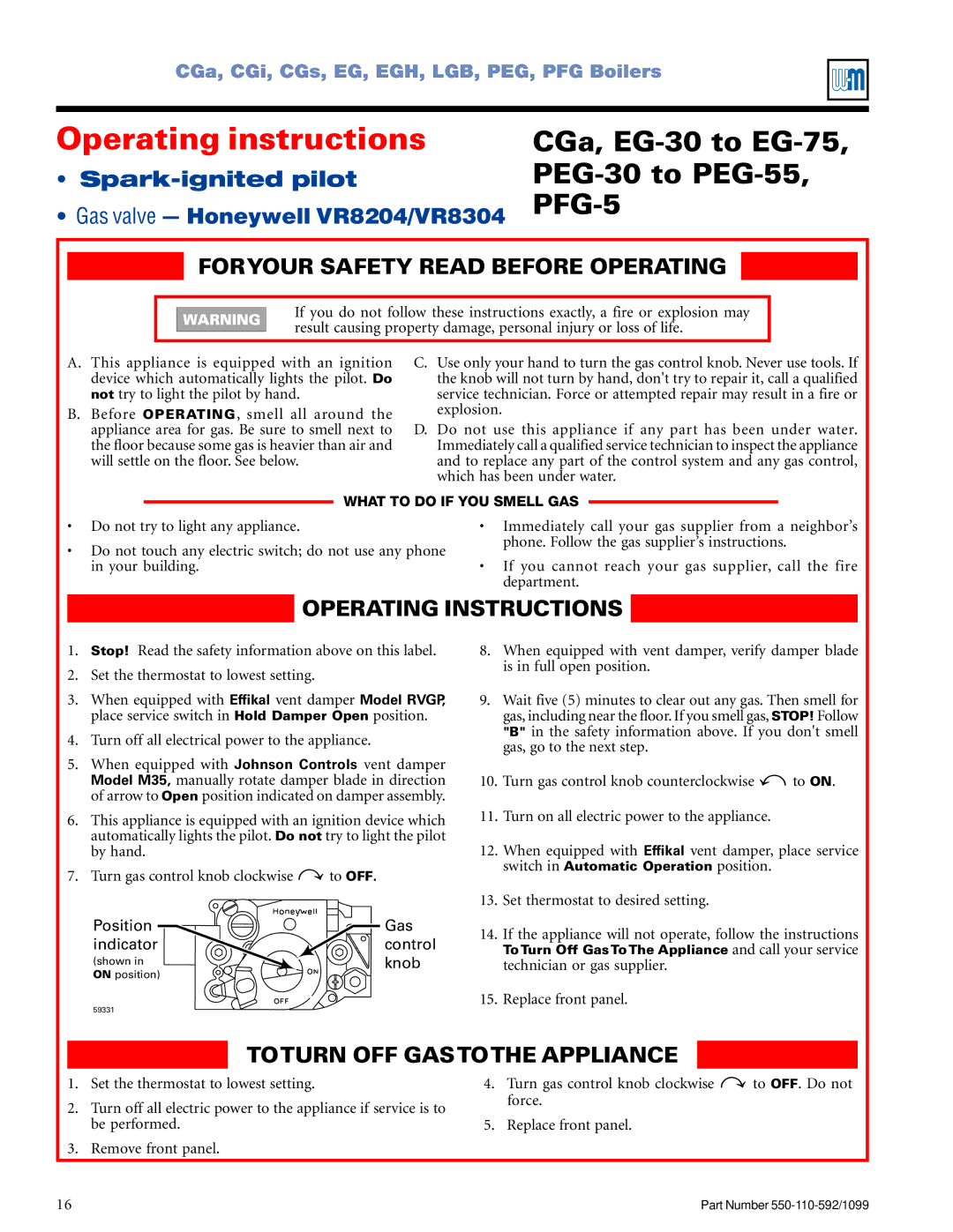 Weil-McLain Operating instructions, CGa, EG-30 to EG-75, PEG-30 to PEG-55, PFG-5, Foryour Safety Read Before Operating 