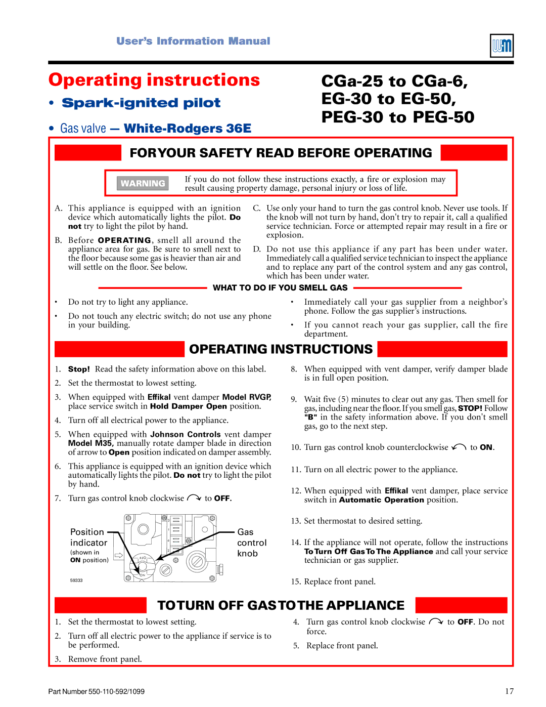 Weil-McLain CGa manual Spark-ignited pilot Gas valve White-Rodgers 36E 