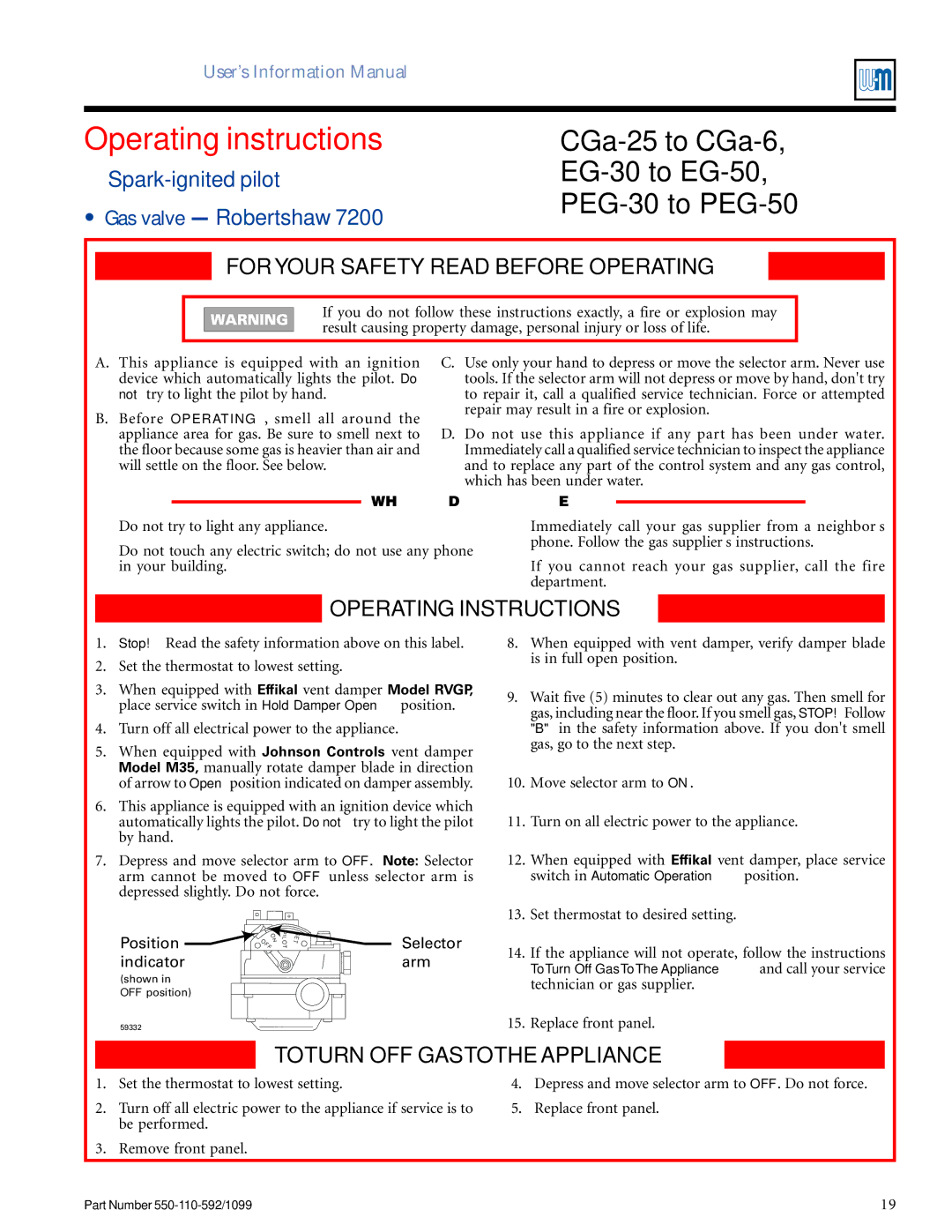 Weil-McLain CGa manual Spark-ignited pilot Gas valve Robertshaw 