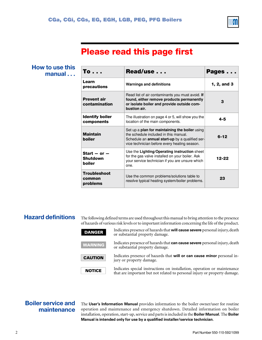 Weil-McLain manual CGa,CGi,CGs,EG,EGH,LGB,PEG,PFGBoilers, Please read this page first 