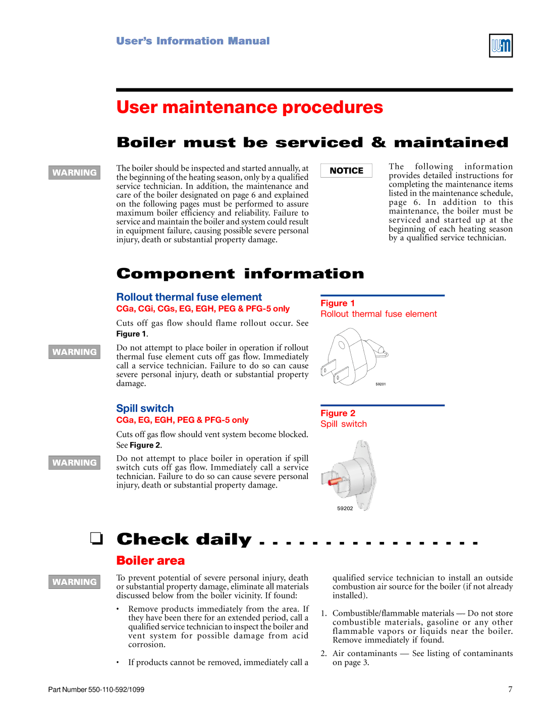 Weil-McLain CGa manual User maintenance procedures, Check daily, Boiler area 