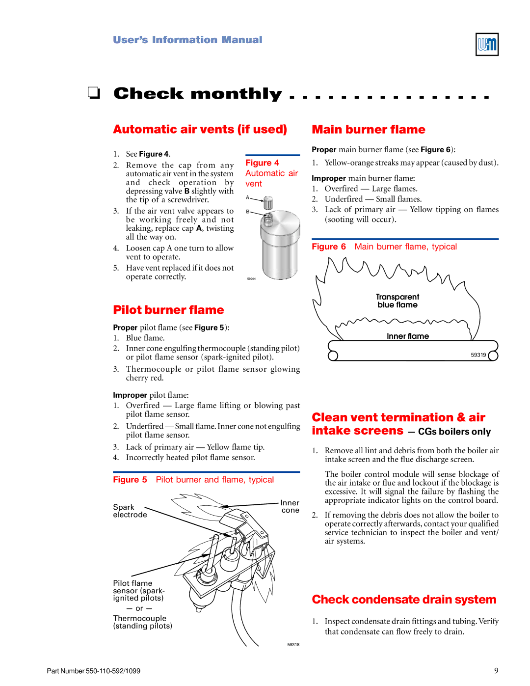 Weil-McLain CGa manual Automatic air vents if used Main burner flame, Pilot burner flame, Check condensate drain system 