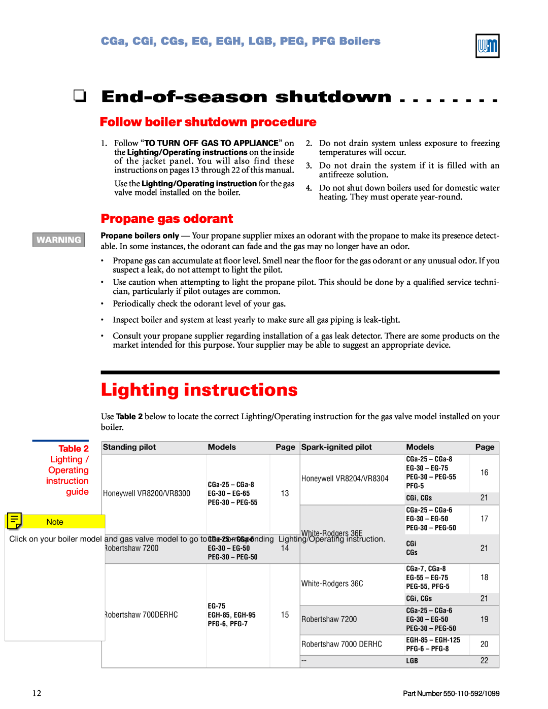 Weil-McLain CGa manual Lighting instructions, End-of-seasonshutdown, Follow boiler shutdown procedure, Propane gas odorant 
