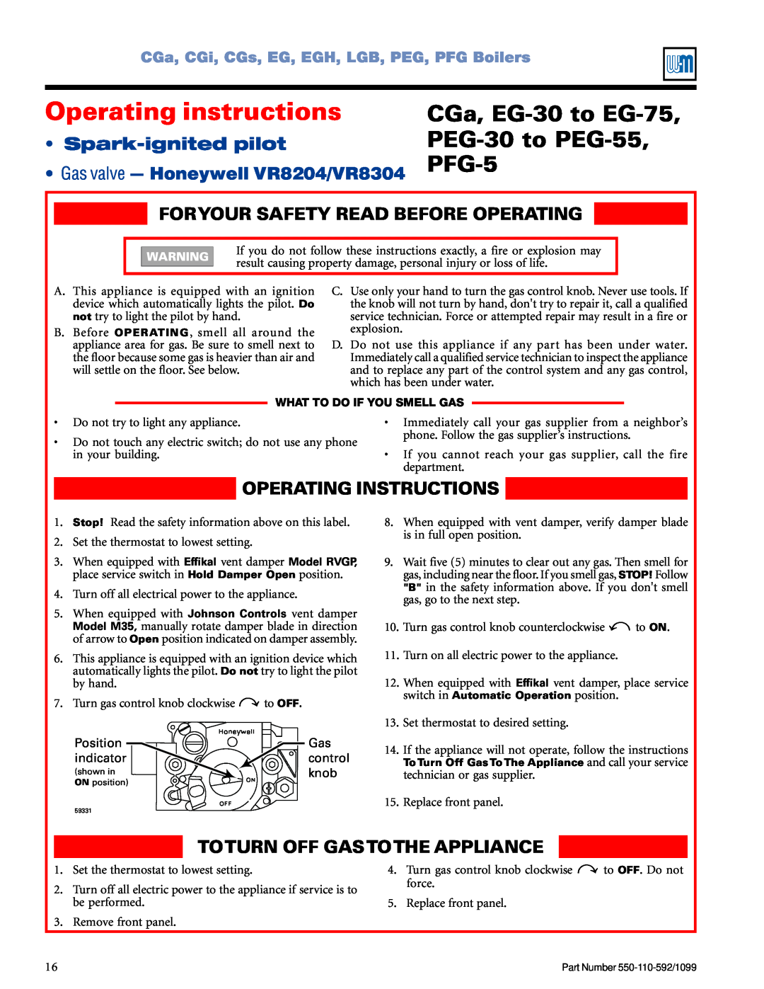 Weil-McLain manual Operating instructions, CGa, EG-30to EG-75, PEG-30to PEG-55, PFG-5, Spark-ignitedpilot 