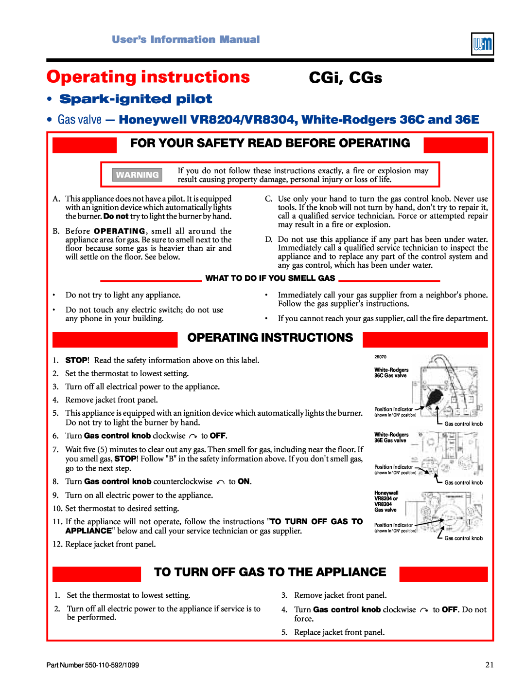 Weil-McLain CGa CGi, CGs, For Your Safety Read Before Operating, To Turn Off Gas To The Appliance, UserísInformationManual 