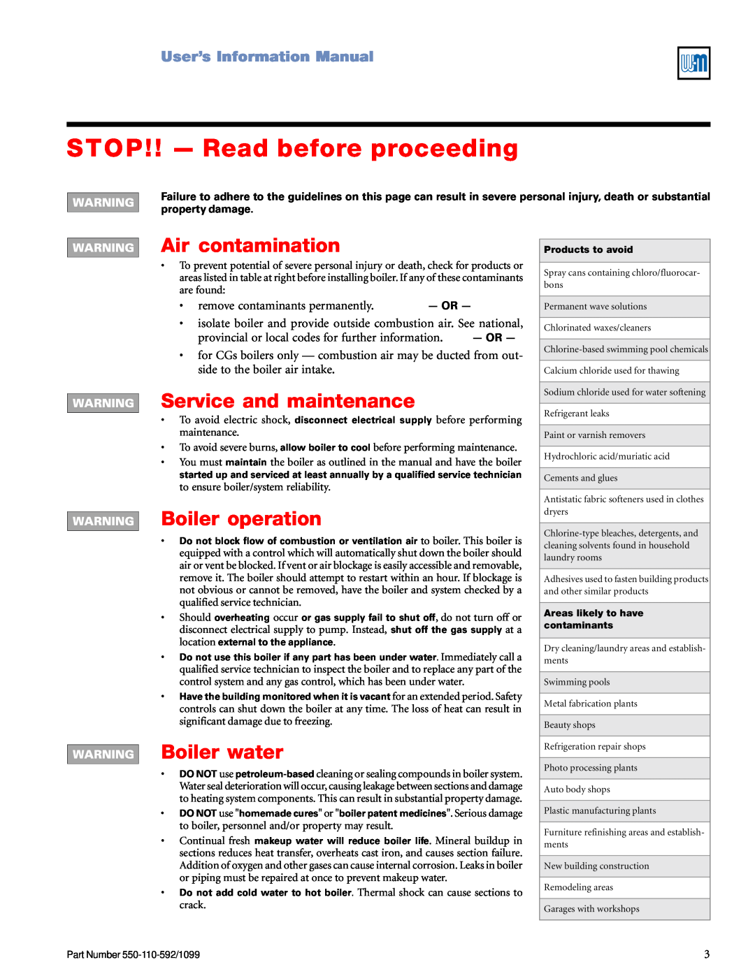 Weil-McLain CGa UserísInformationManual, STOP!! - Read before proceeding, Air contamination, Service and maintenance, Or 