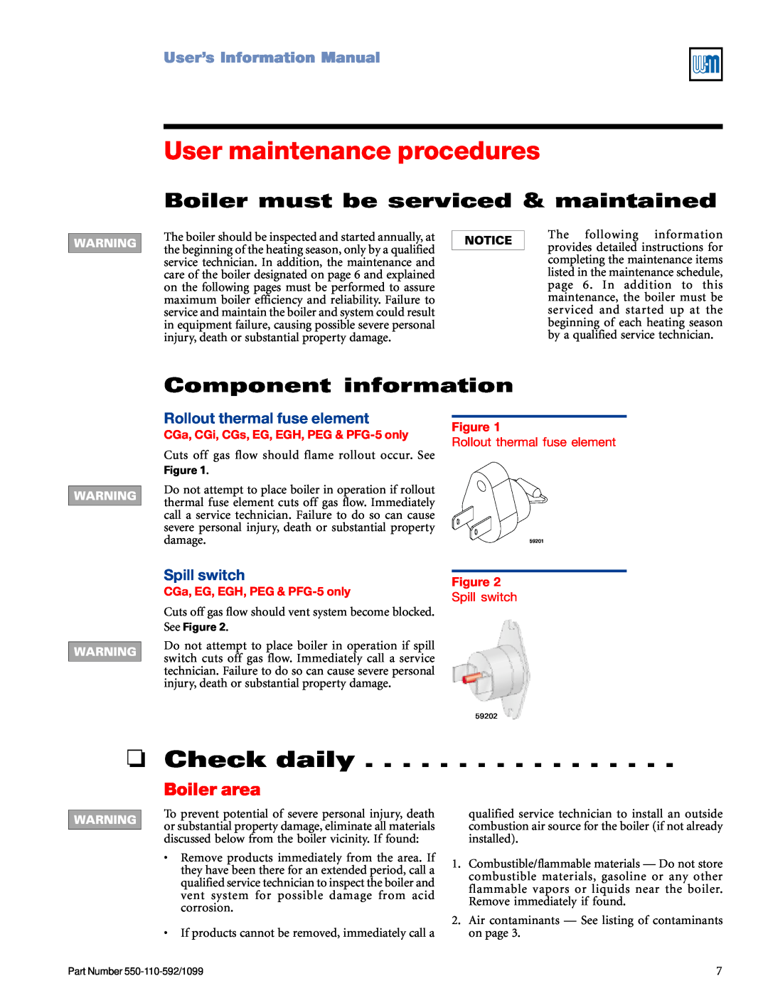 Weil-McLain CGa User maintenance procedures, Check daily, Boiler area, UserísInformationManual, Component information 