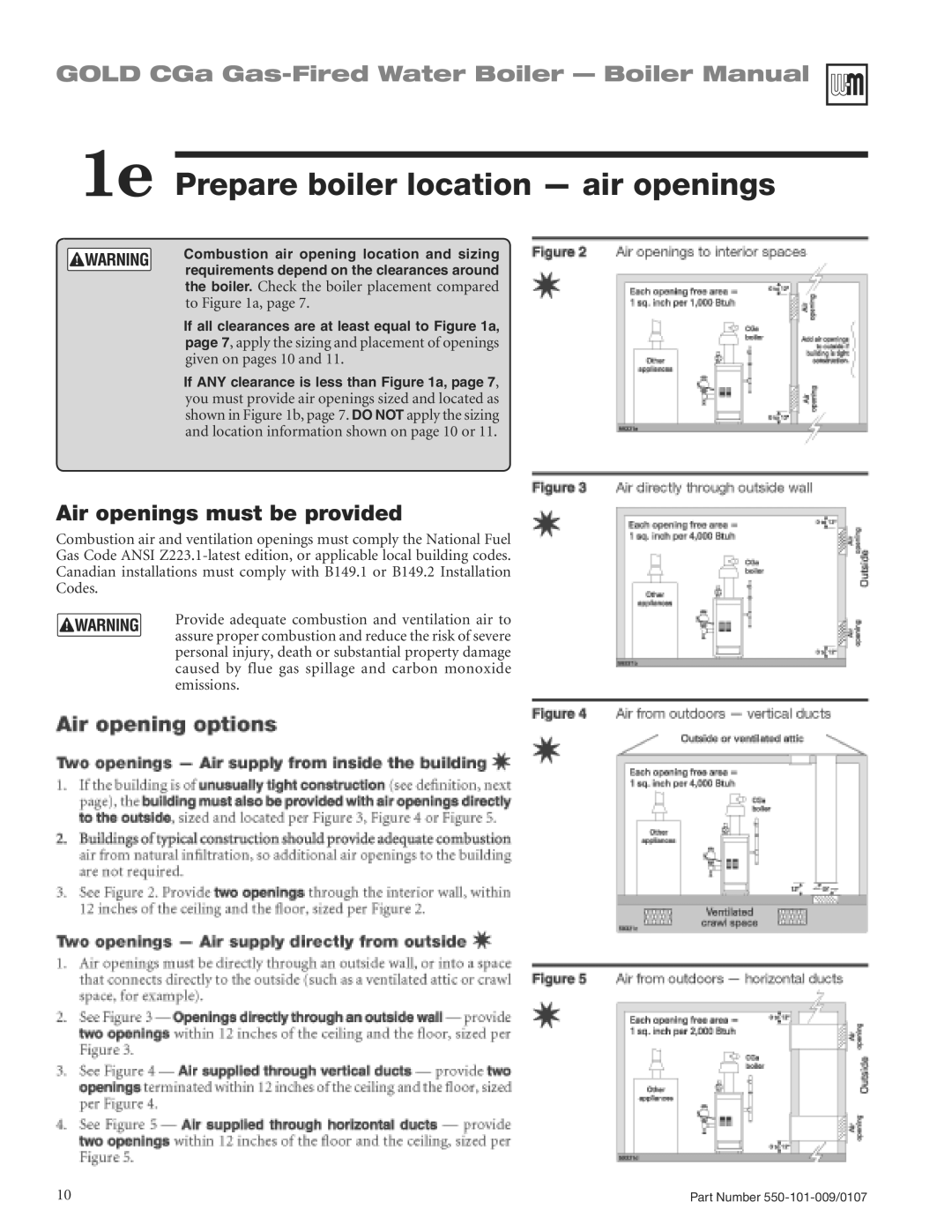 Weil-McLain CGA25SPDN manual 1e Prepare boiler location air openings, Air openings must be provided, To a 