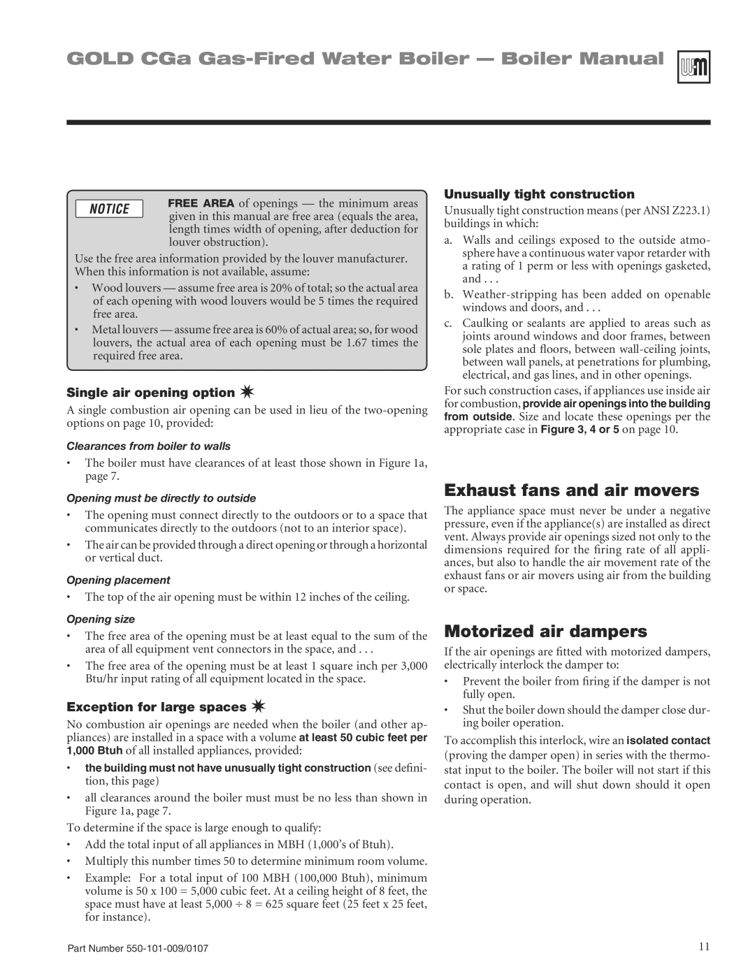 Weil-McLain CGA25SPDN manual Exhaust fans and air movers, Motorized air dampers, Single air opening option 
