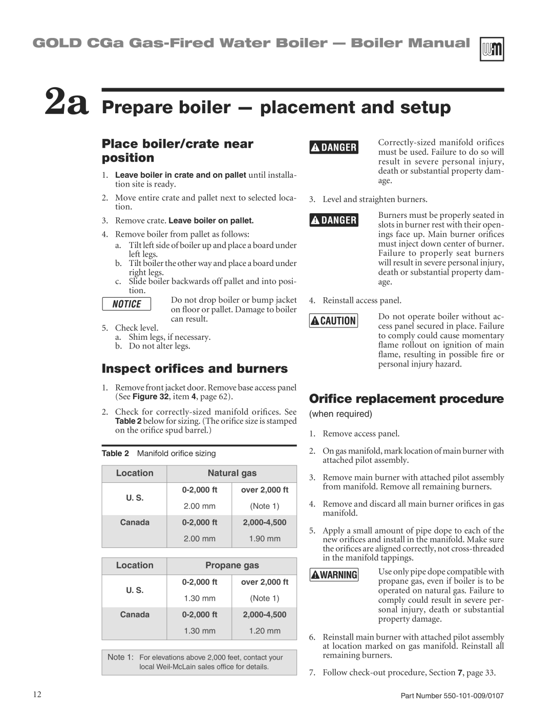 Weil-McLain CGA25SPDN 2a Prepare boiler placement and setup, Place boiler/crate near position, Inspect oriﬁces and burners 