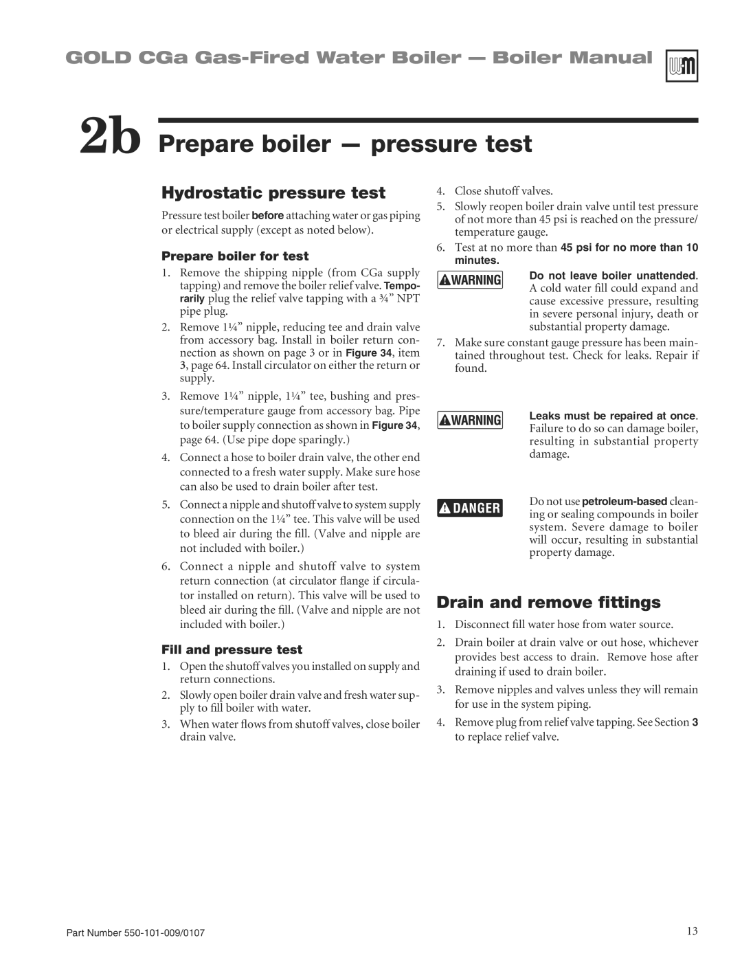 Weil-McLain CGA25SPDN manual 2b Prepare boiler pressure test, Hydrostatic pressure test, Drain and remove ﬁttings 