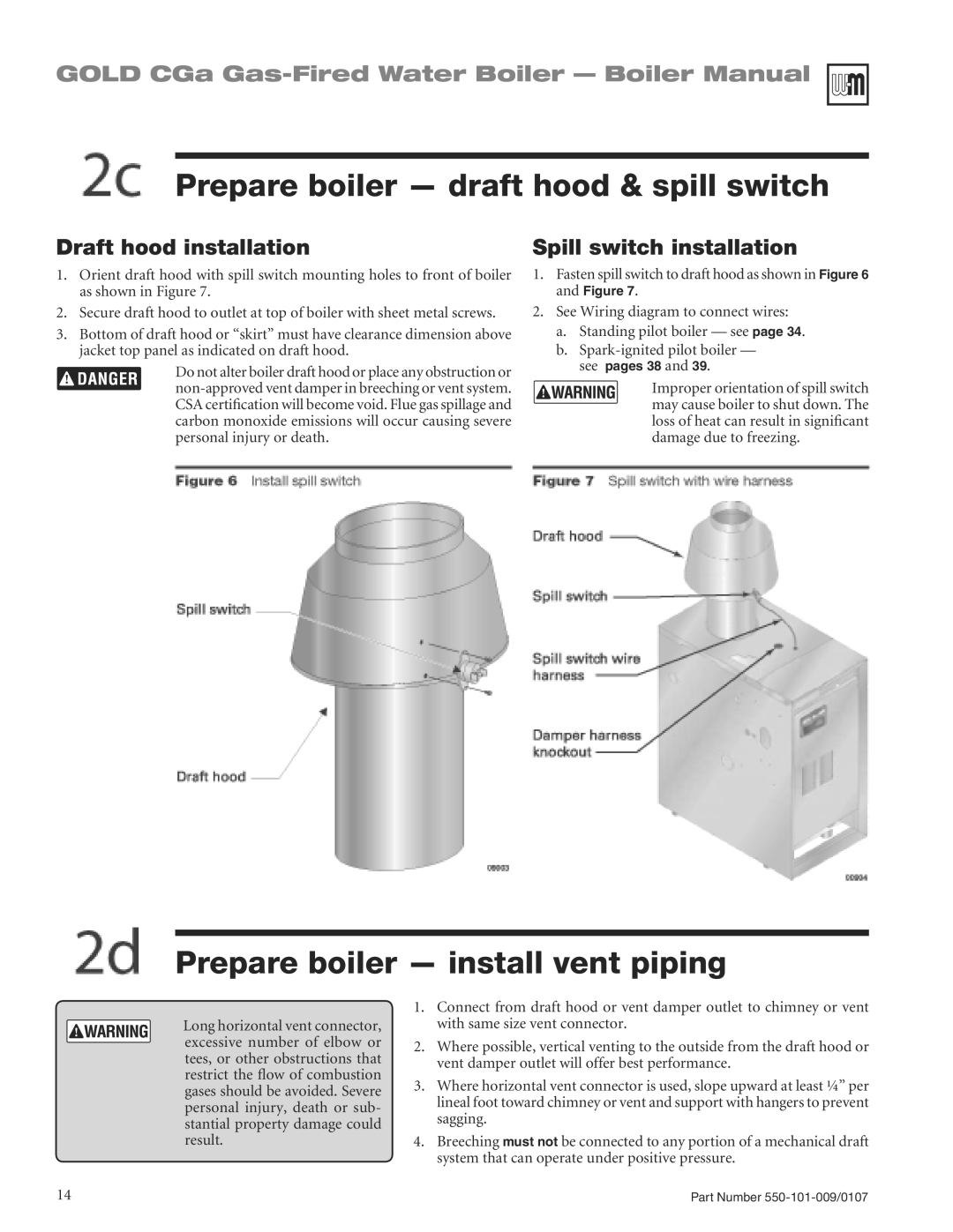 Weil-McLain CGA25SPDN manual Prepare boiler draft hood & spill switch, Prepare boiler install vent piping 