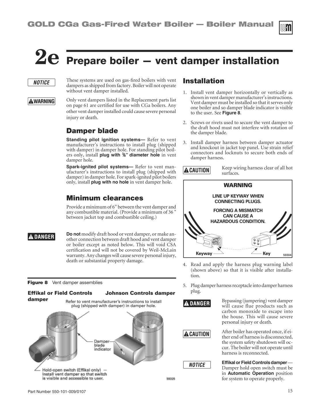 Weil-McLain CGA25SPDN manual 2e Prepare boiler vent damper installation, Damper blade, Installation, Minimum clearances 