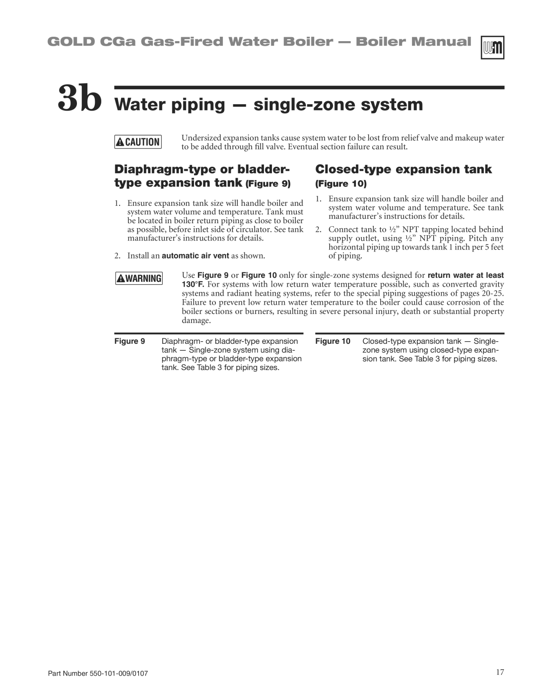 Weil-McLain CGA25SPDN manual 3b Water piping single-zone system, Diaphragm-type or bladder- type expansion tank Figure 