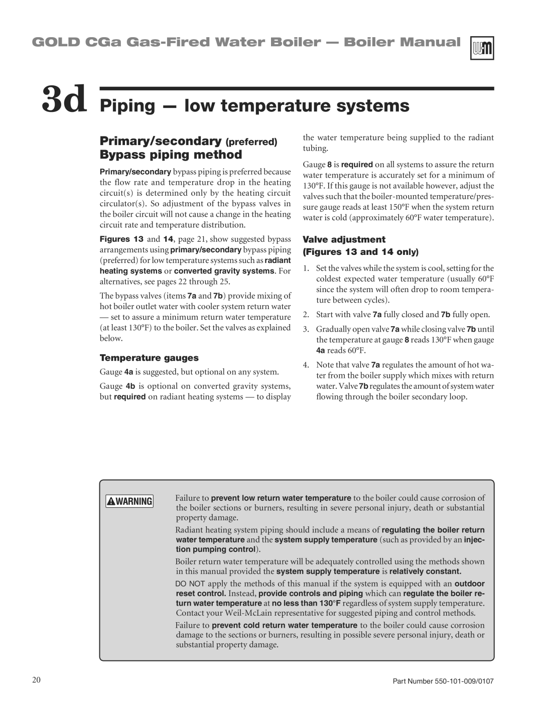 Weil-McLain CGA25SPDN manual 3d Piping low temperature systems, Primary/secondary preferred Bypass piping method 