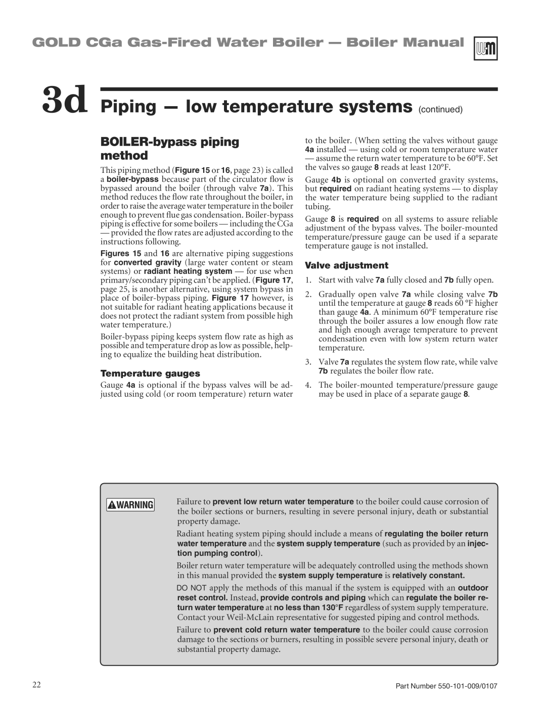 Weil-McLain CGA25SPDN manual BOILER-bypass piping method, Valve adjustment 