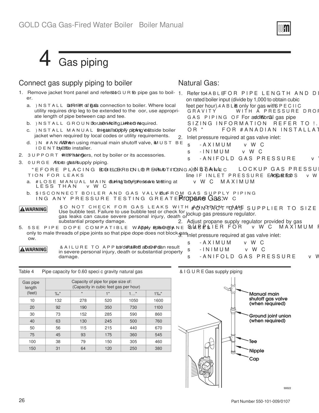 Weil-McLain CGA25SPDN manual Gas piping, Connect gas supply piping to boiler, Natural Gas, Propane Gas 